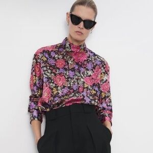ZARA MULTICOLOURED FLORAL PRINT RELAXED FIT BLOUSE SIZE XS see measurements